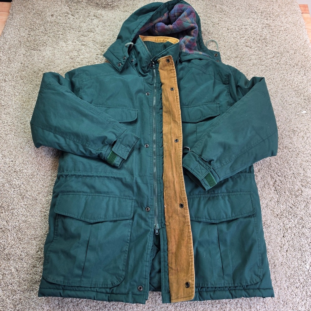 VINTAGE St Johns Bay Hooded Field Parka Jacket Mens Large Green Corduroy Trim L